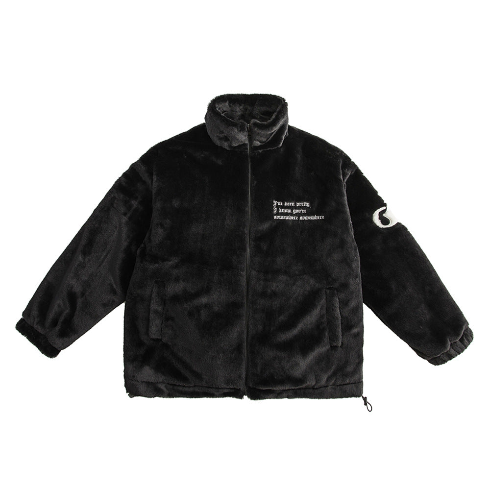 Letter Flocking Embroidered Fleece Cotton-padded Jacket Winter Men's Thickened Quilted Vertical Collar Cotton-padded Jacket Fashion Brand American Style