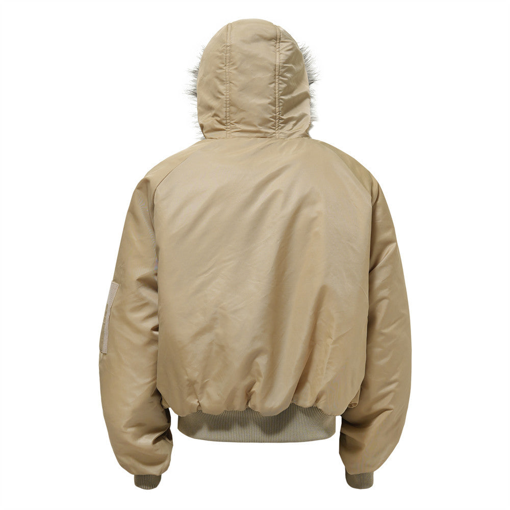 American Style Mountain Carving Hooded Cotton-padded Jacket Men's Winter Embroidered Detachable Fur Collar Casual Short Jacket Cotton-padded Jacket