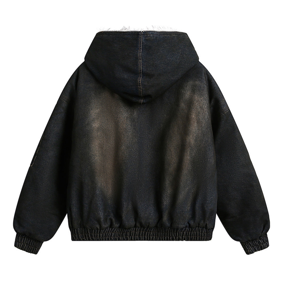 Suishan Carved Fur Collar Hooded Cotton-padded Jacket Men's Winter Loose American Style Fashion Brand Pocket Decorative Denim Cotton-padded Jacket
