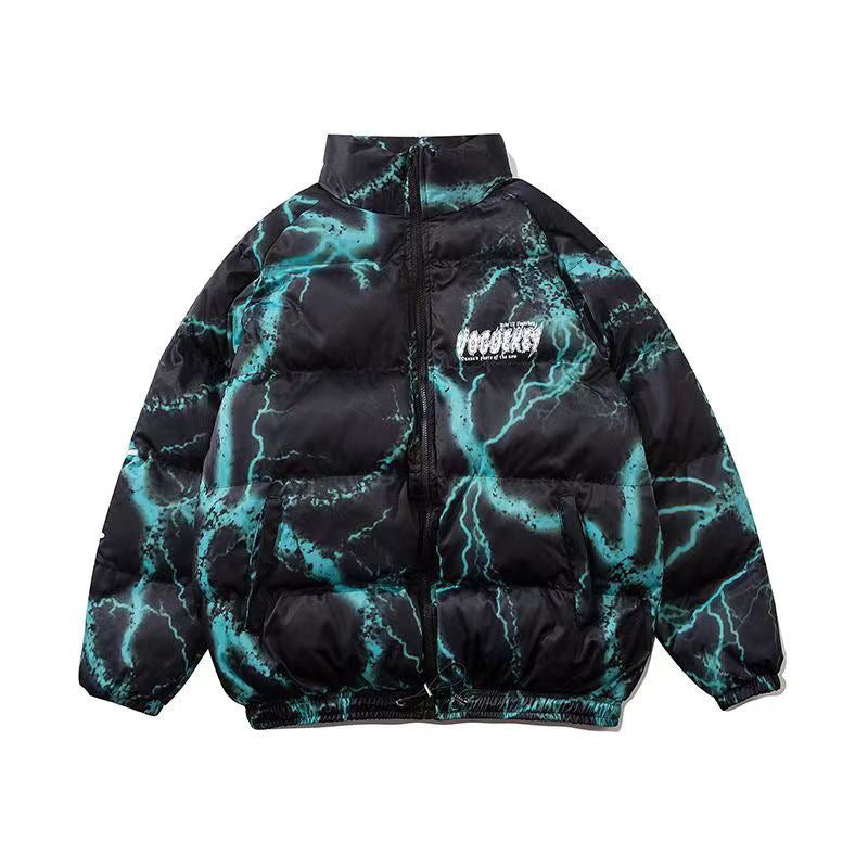 American Style Dark Graffiti Print Loose Cotton Coat Coat High Street Hip Hop Couple Bread Coat Cotton Coat Fashion
