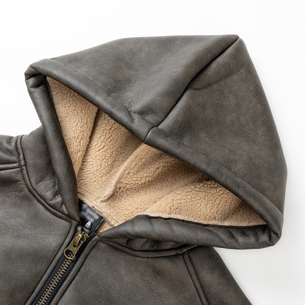Fried Flower Old Thickened Hooded Cotton-padded Jacket Leather Jacket Men's Winter Punk Fashion Fleece-Lined Lamb Wool PU Leather Cotton-padded Jacket