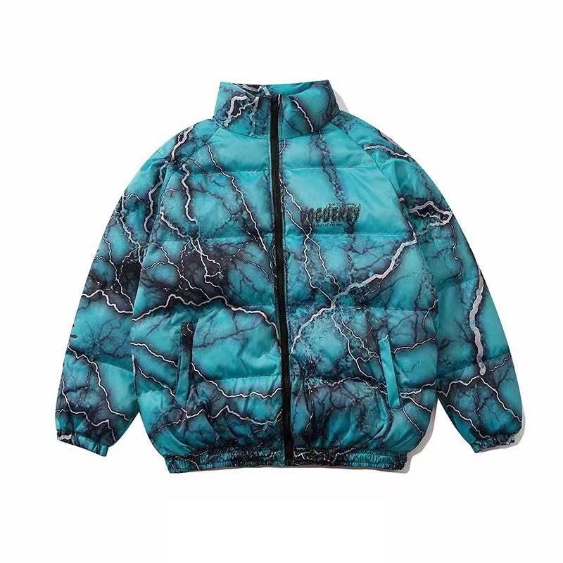 American Style Dark Graffiti Print Loose Cotton Coat Coat High Street Hip Hop Couple Bread Coat Cotton Coat Fashion