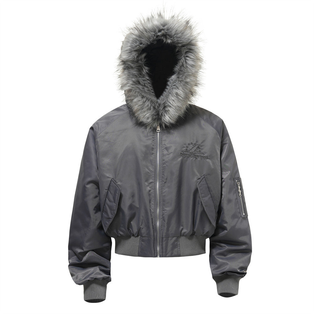 American Style Mountain Carving Hooded Cotton-padded Jacket Men's Winter Embroidered Detachable Fur Collar Casual Short Jacket Cotton-padded Jacket