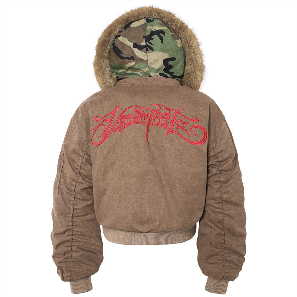 Letter Embroidered Hooded Cotton Jacket Bomber Jacket Men's Winter Pleated Hat Fur Collar Detachable Baseball Suit Coat