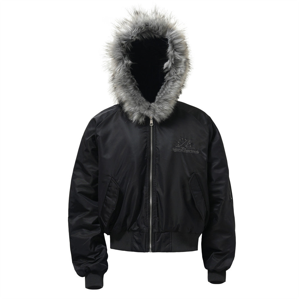 American Style Mountain Carving Hooded Cotton-padded Jacket Men's Winter Embroidered Detachable Fur Collar Casual Short Jacket Cotton-padded Jacket