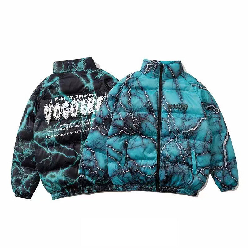 American Style Dark Graffiti Print Loose Cotton Coat Coat High Street Hip Hop Couple Bread Coat Cotton Coat Fashion