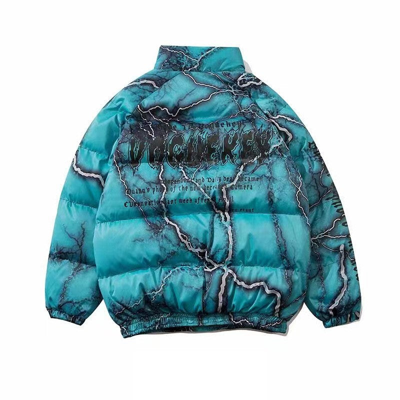 American Style Dark Graffiti Print Loose Cotton Coat Coat High Street Hip Hop Couple Bread Coat Cotton Coat Fashion