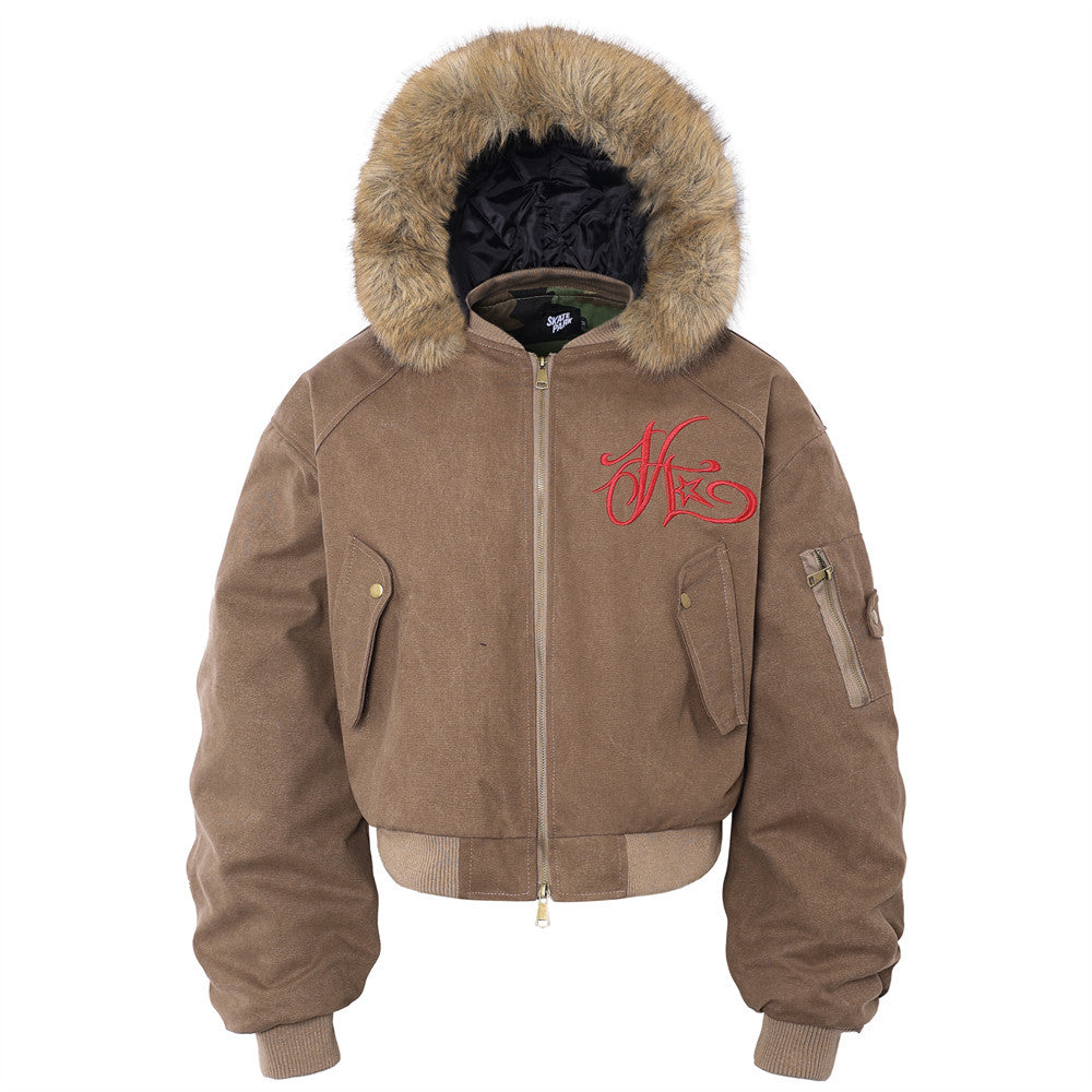 Letter Embroidered Hooded Cotton Jacket Bomber Jacket Men's Winter Pleated Hat Fur Collar Detachable Baseball Suit Coat