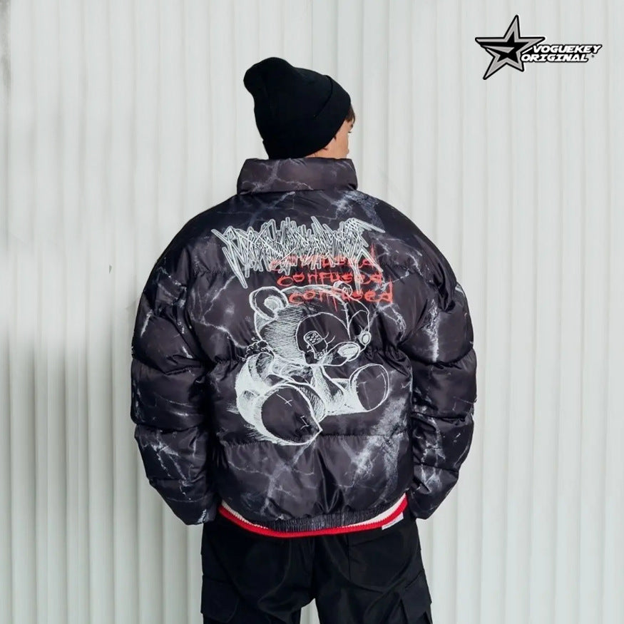 American-style Dark Bear Graffiti Print Loose Cotton Coat Coat High Street Hip Hop Couple Bread Suit