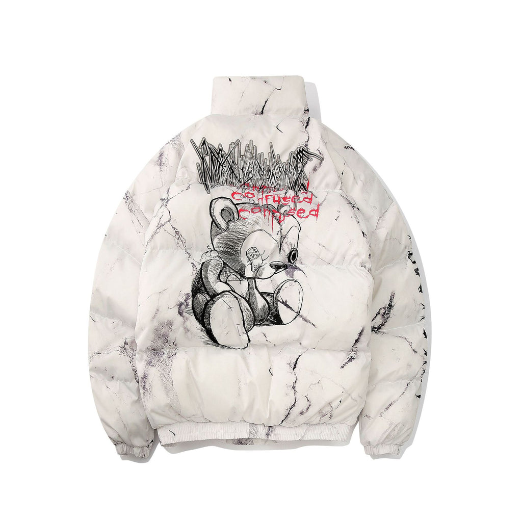 American-style Dark Bear Graffiti Print Loose Cotton Coat Coat High Street Hip Hop Couple Bread Suit