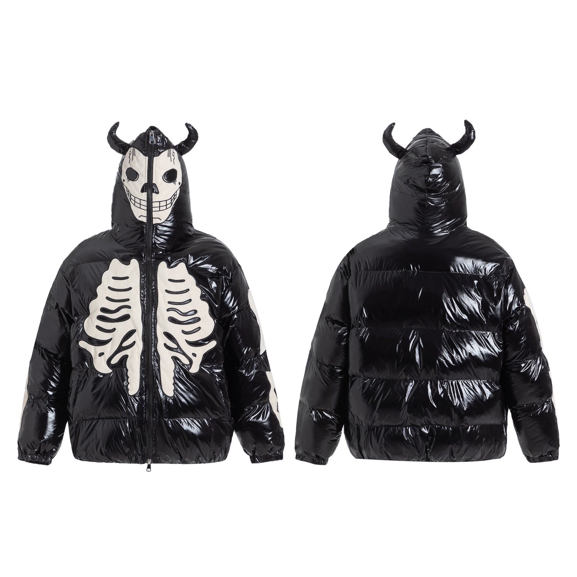 Trendy Brand Flocking Embroidered Skeleton Hooded Cotton Jacket Men's Hip-hop Loose Loose Couple's Bread Suit