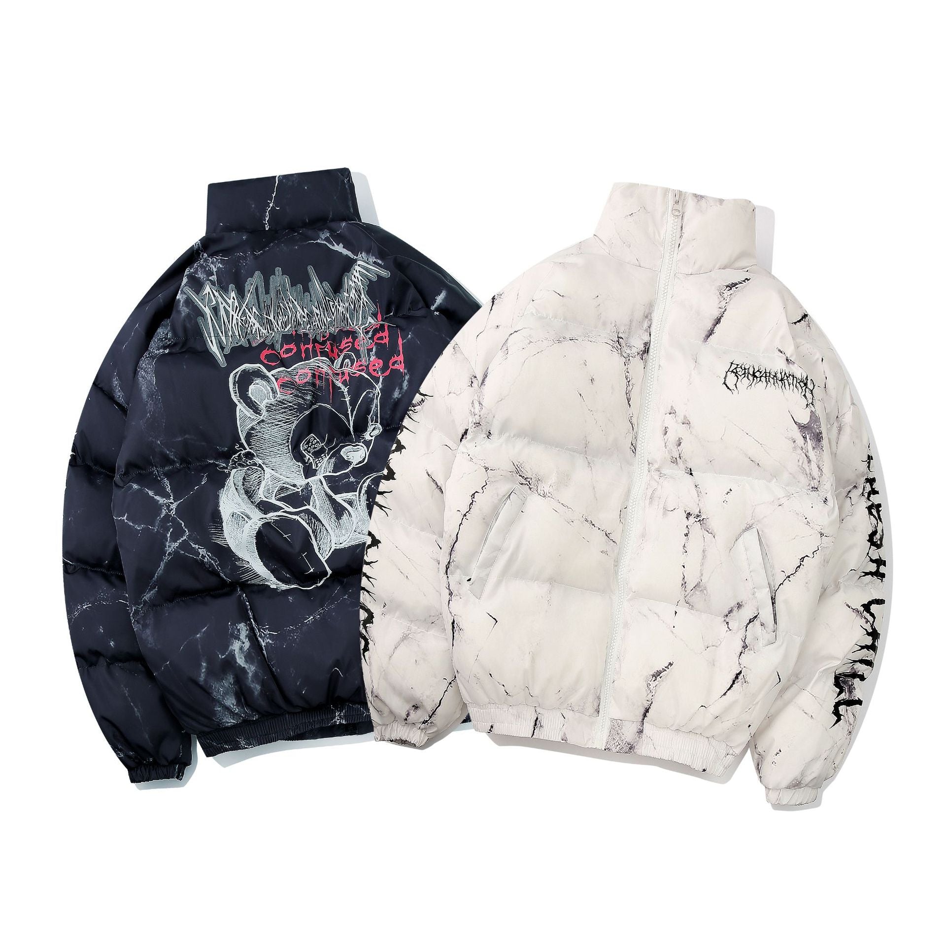 American-style Dark Bear Graffiti Print Loose Cotton Coat Coat High Street Hip Hop Couple Bread Suit