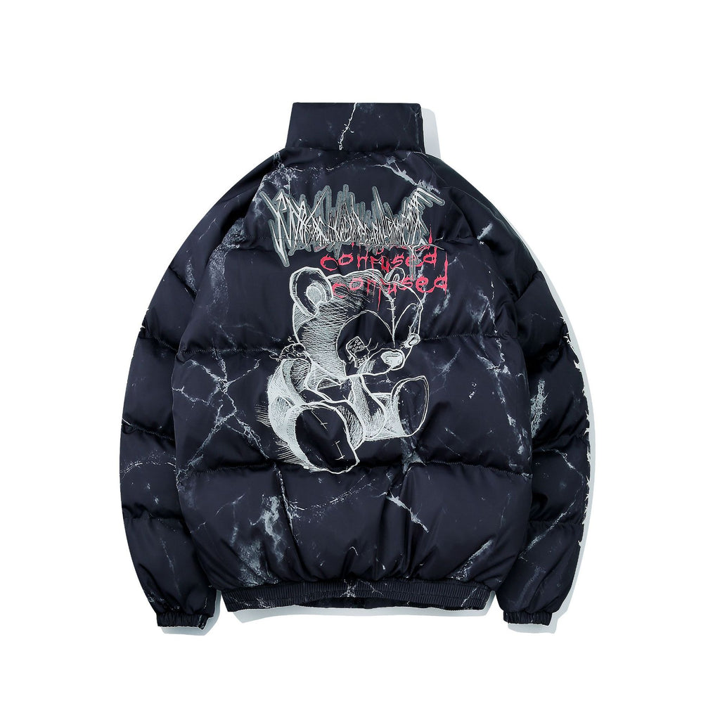 American-style Dark Bear Graffiti Print Loose Cotton Coat Coat High Street Hip Hop Couple Bread Suit