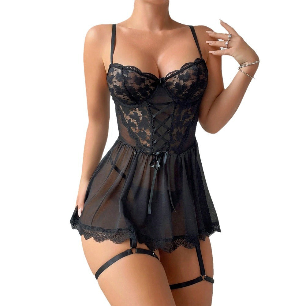 Mesh Lace Nightgown Set - Two-Piece Lingerie in Multiple Colors