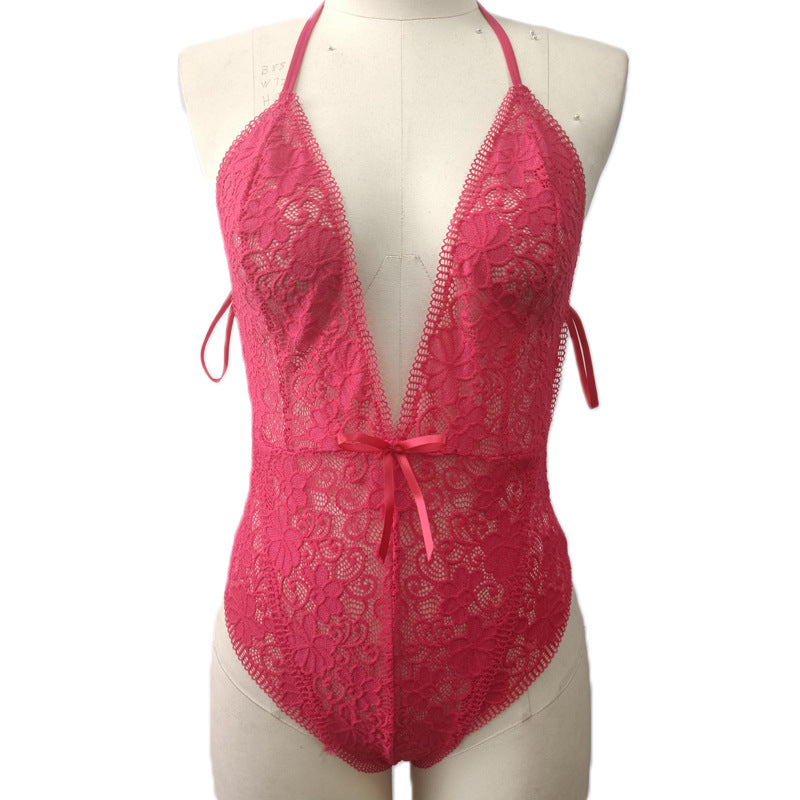 Deep V Bow Lingerie Jumpsuit - Plus Size Sheer Bodysuit