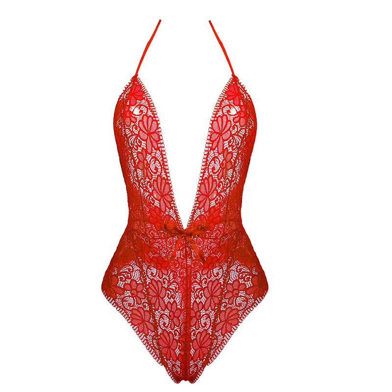 Deep V Bow Lingerie Jumpsuit - Plus Size Sheer Bodysuit