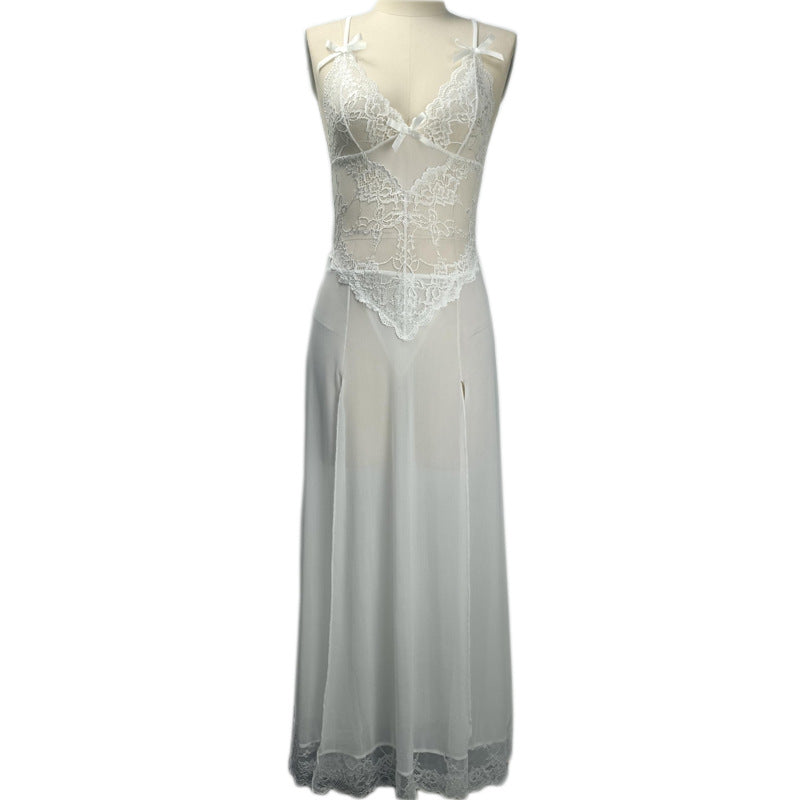 Sling Long Dress Lingerie - Plus Size Lace Nightgown with Side Slits