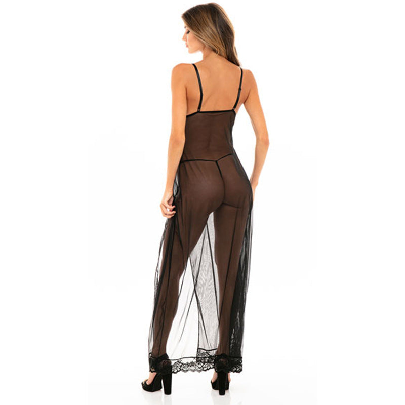 Sling Long Dress Lingerie - Plus Size Lace Nightgown with Side Slits