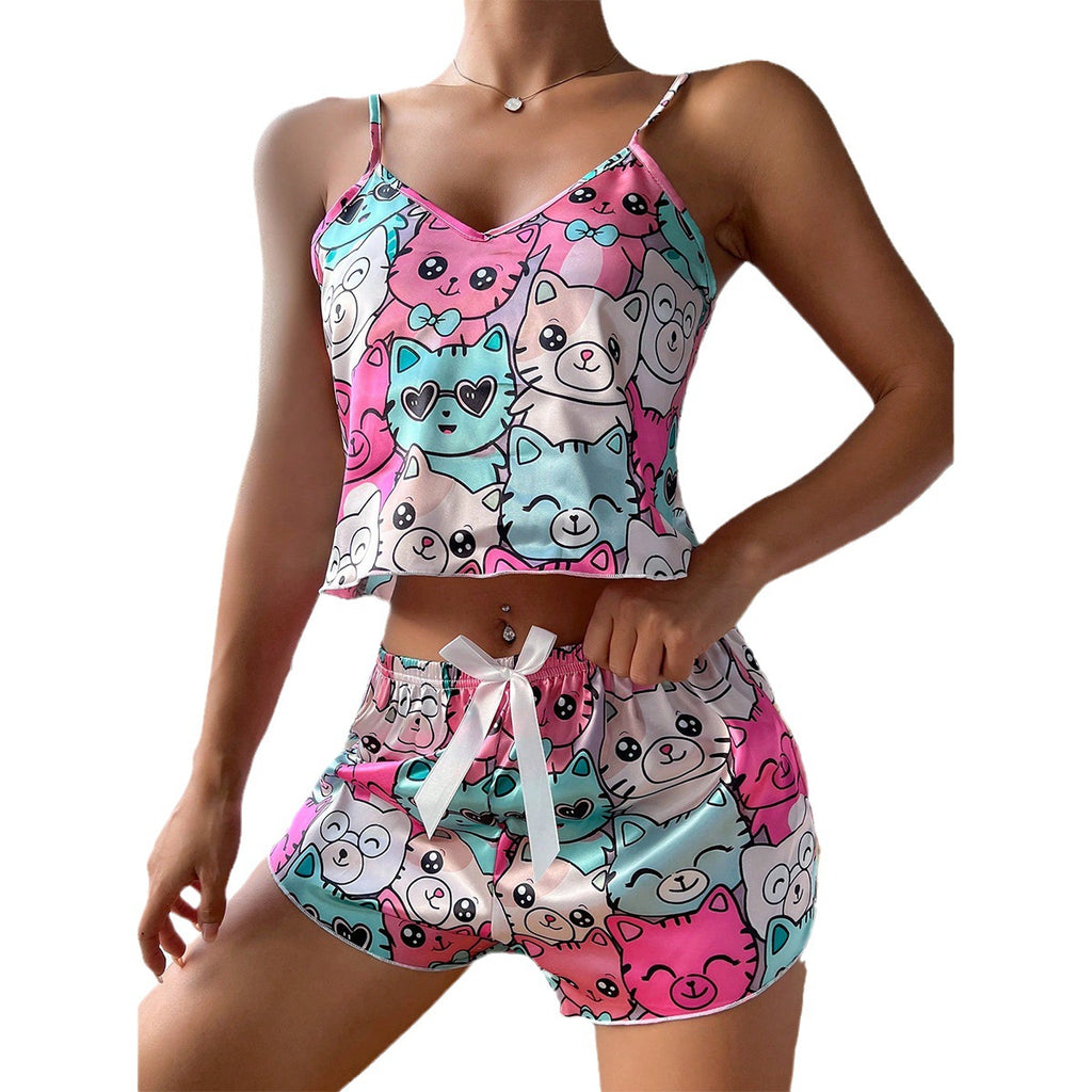Cartoon Print Pajama Shorts Set - Sexy Suspender Sleepwear