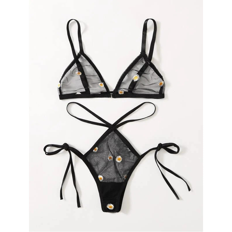 Daisy Embroidery Lingerie Set - Sheer Bikini