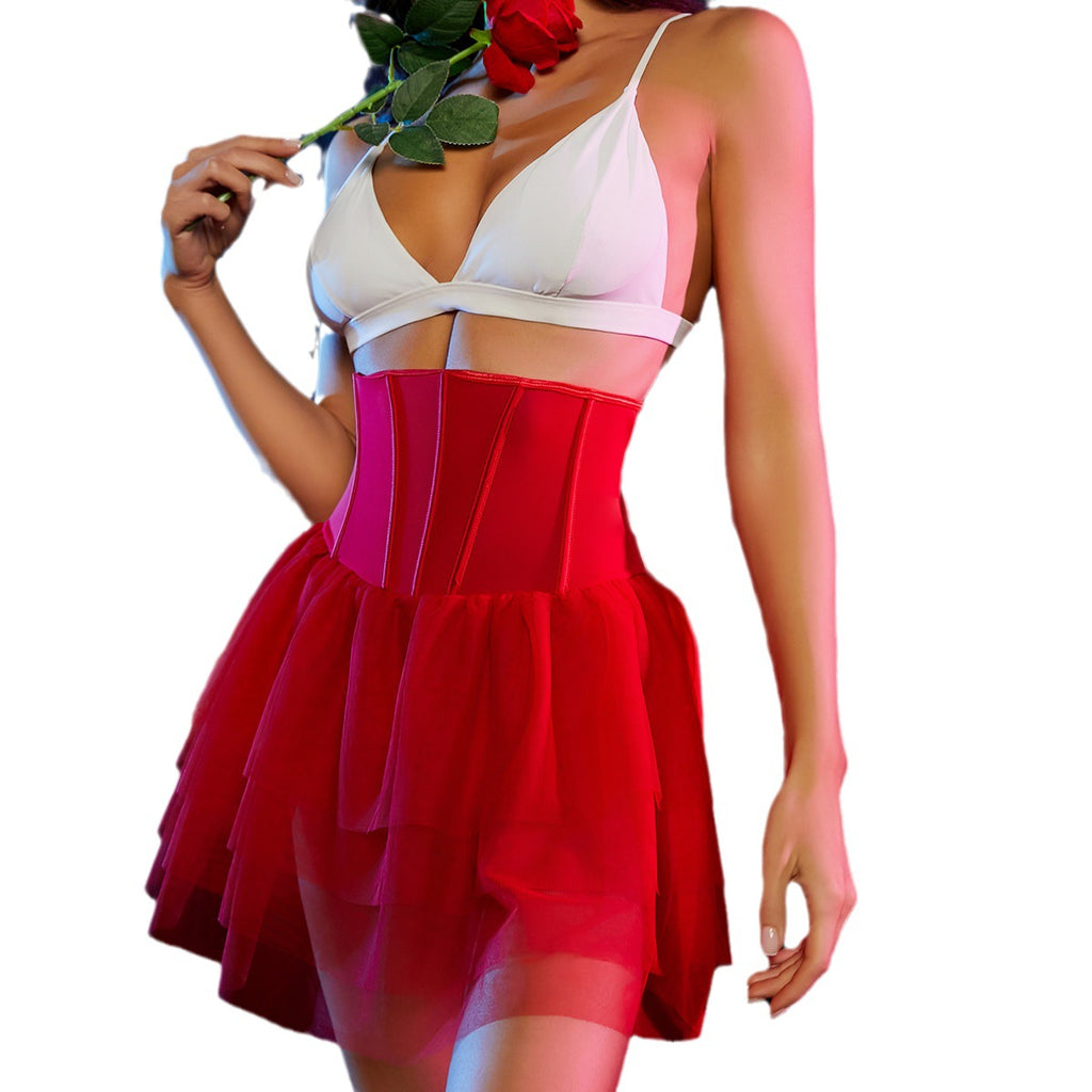 Red Mesh Skirt Lingerie - Sexy Passion Uniform Set