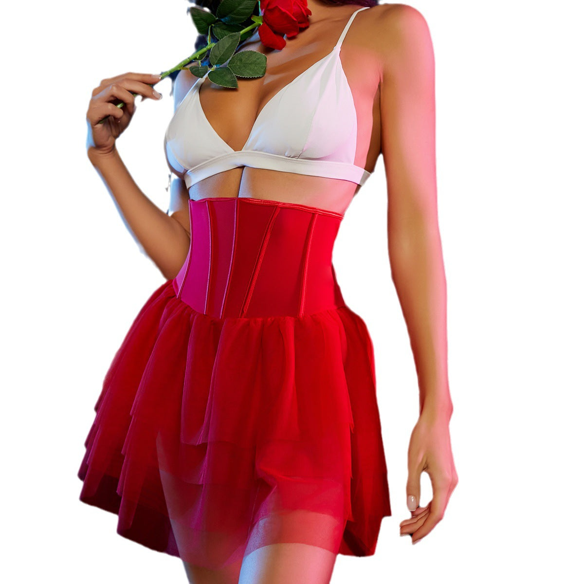 Red Mesh Skirt Lingerie - Sexy Passion Uniform Set