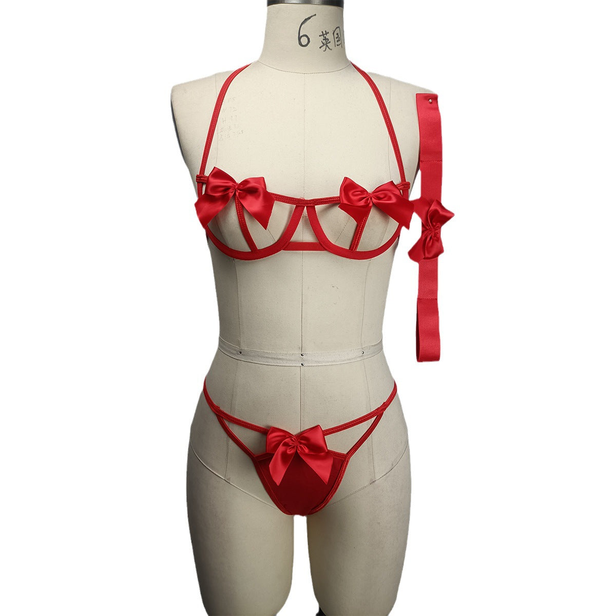 Red Bow Bra Three-Piece Set - Sexy Lingerie with Handcuffs