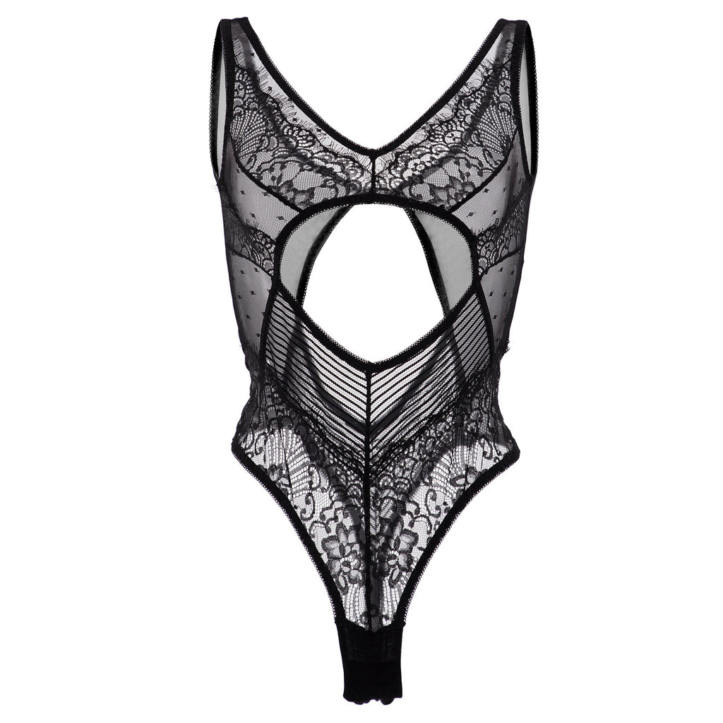 Deep V Lace Bodysuit - Sexy One-Piece with Hollow Details