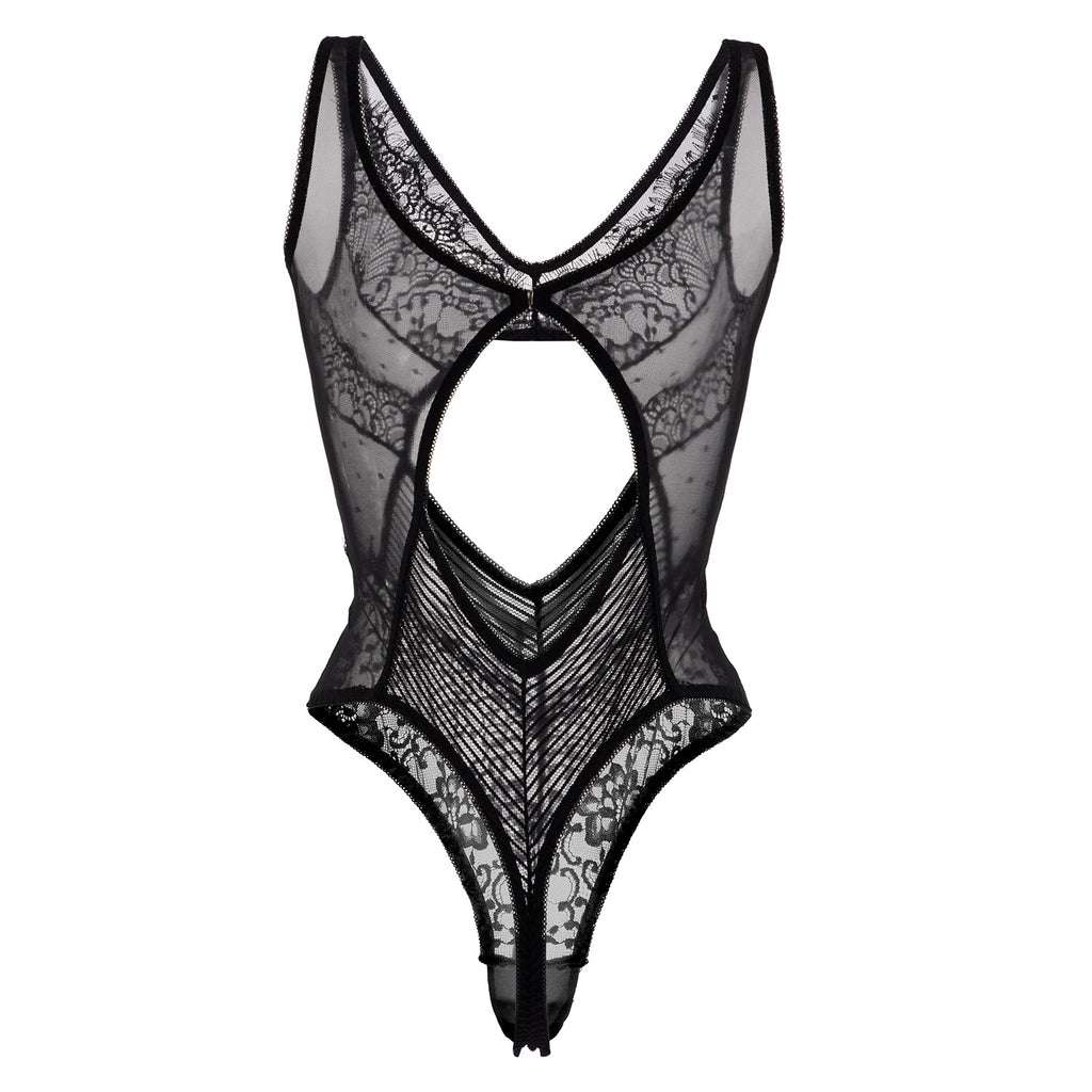 Deep V Lace Bodysuit - Sexy One-Piece with Hollow Details