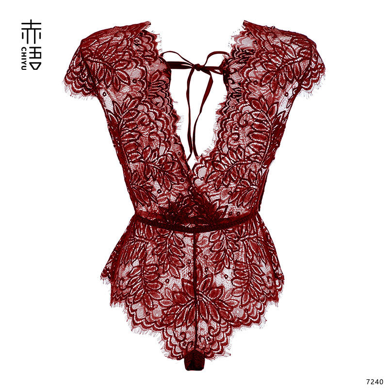 Deep V Teddy - Lace Lingerie with Snap Crotch Closure