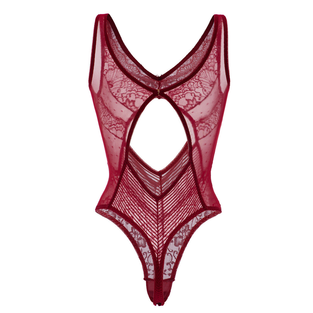 Deep V Lace Bodysuit - Sexy One-Piece with Hollow Details
