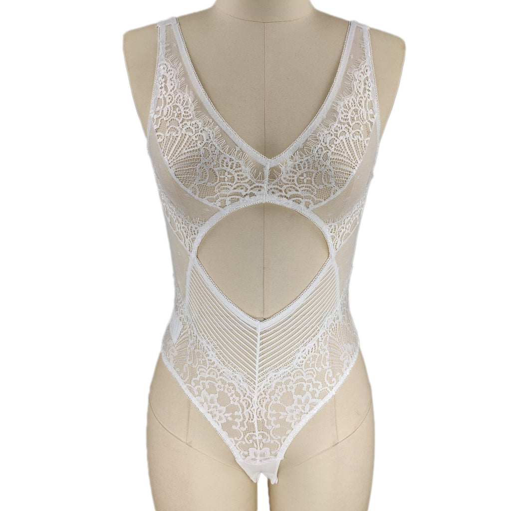 Deep V Lace Bodysuit - Sexy One-Piece with Hollow Details