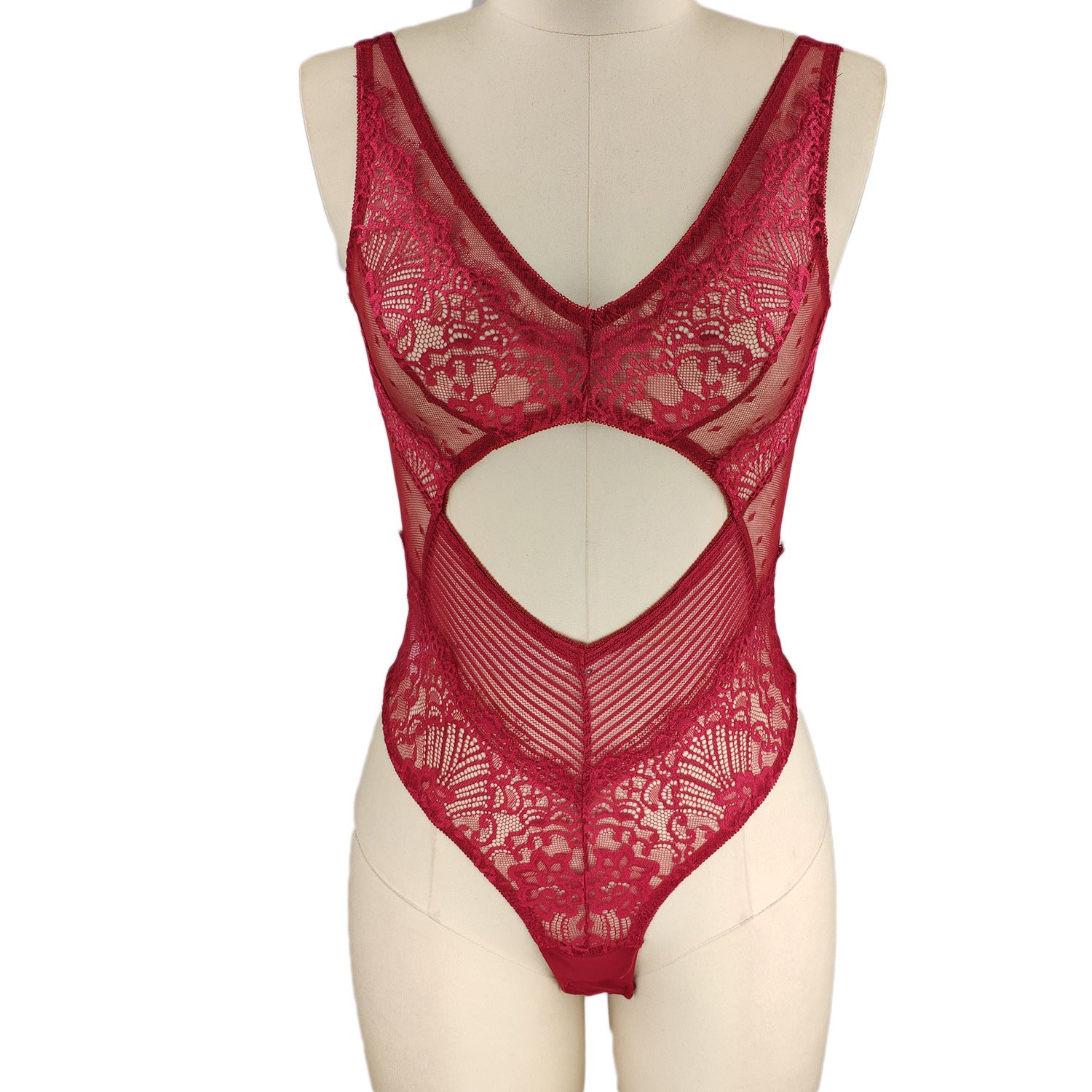 Deep V Lace Bodysuit - Sexy One-Piece with Hollow Details