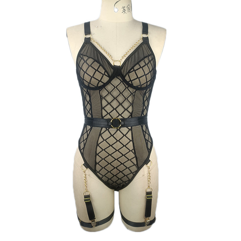Plaid Mesh Chain Garter Belt Set - Plus Size Push-Up Lingerie