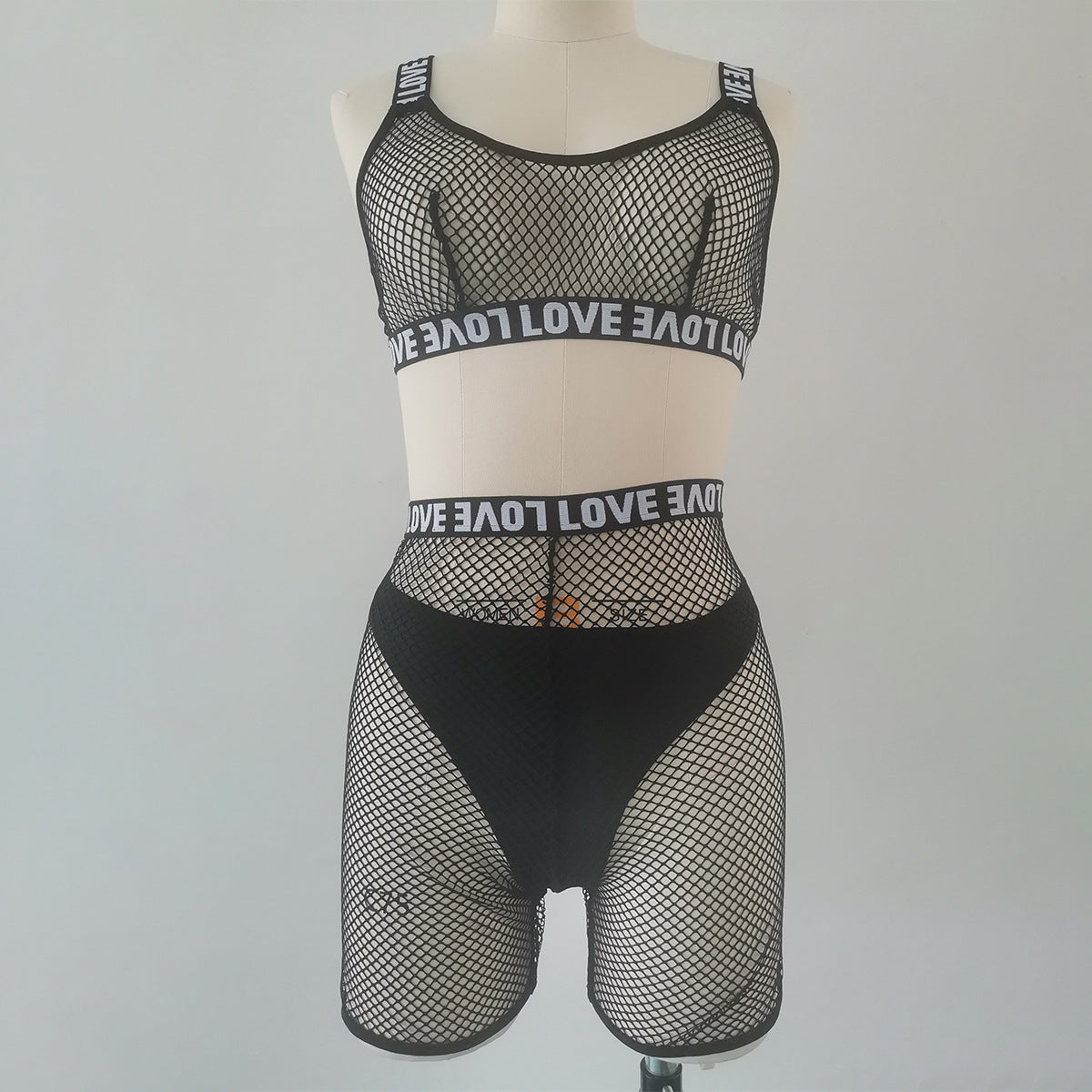 Mesh Grid Lingerie - Hollow Cutout Bodysuit with Letter Print
