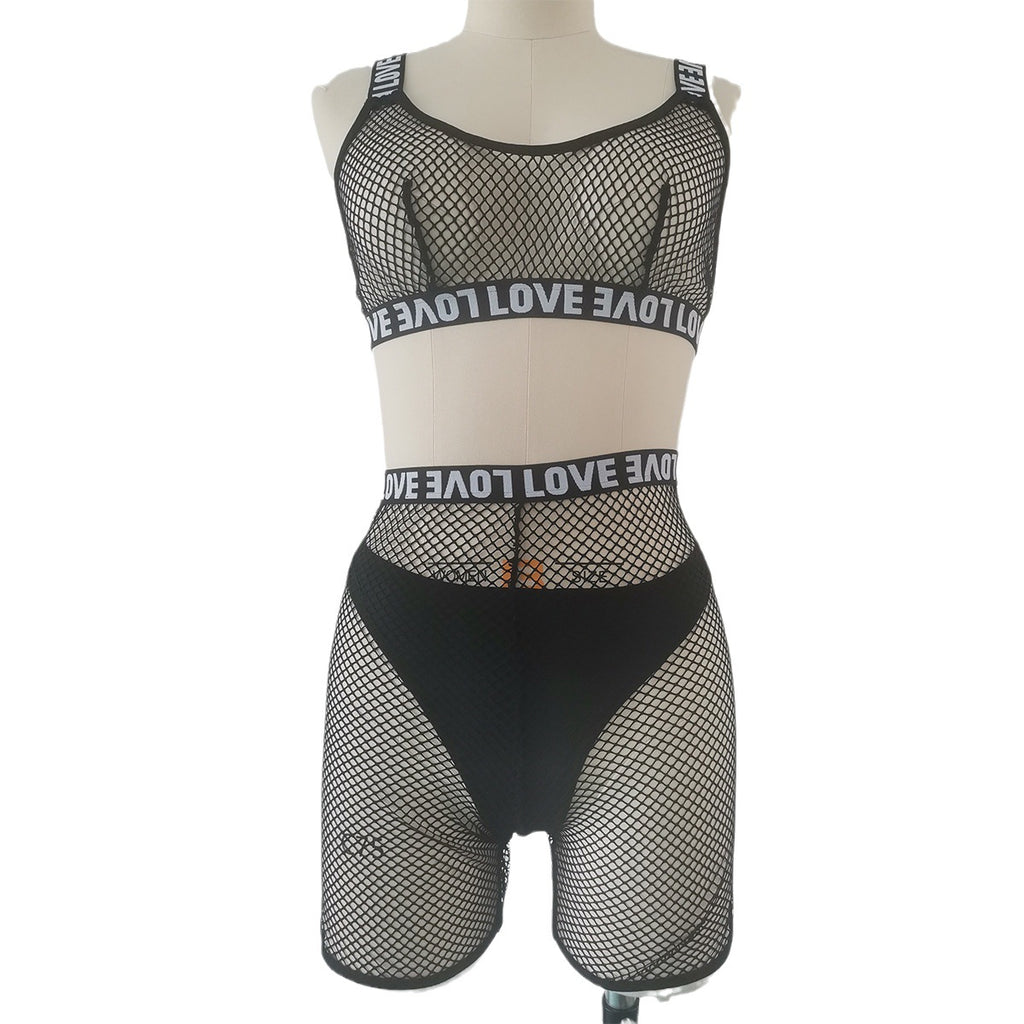 Mesh Grid Lingerie - Hollow Cutout Bodysuit with Letter Print