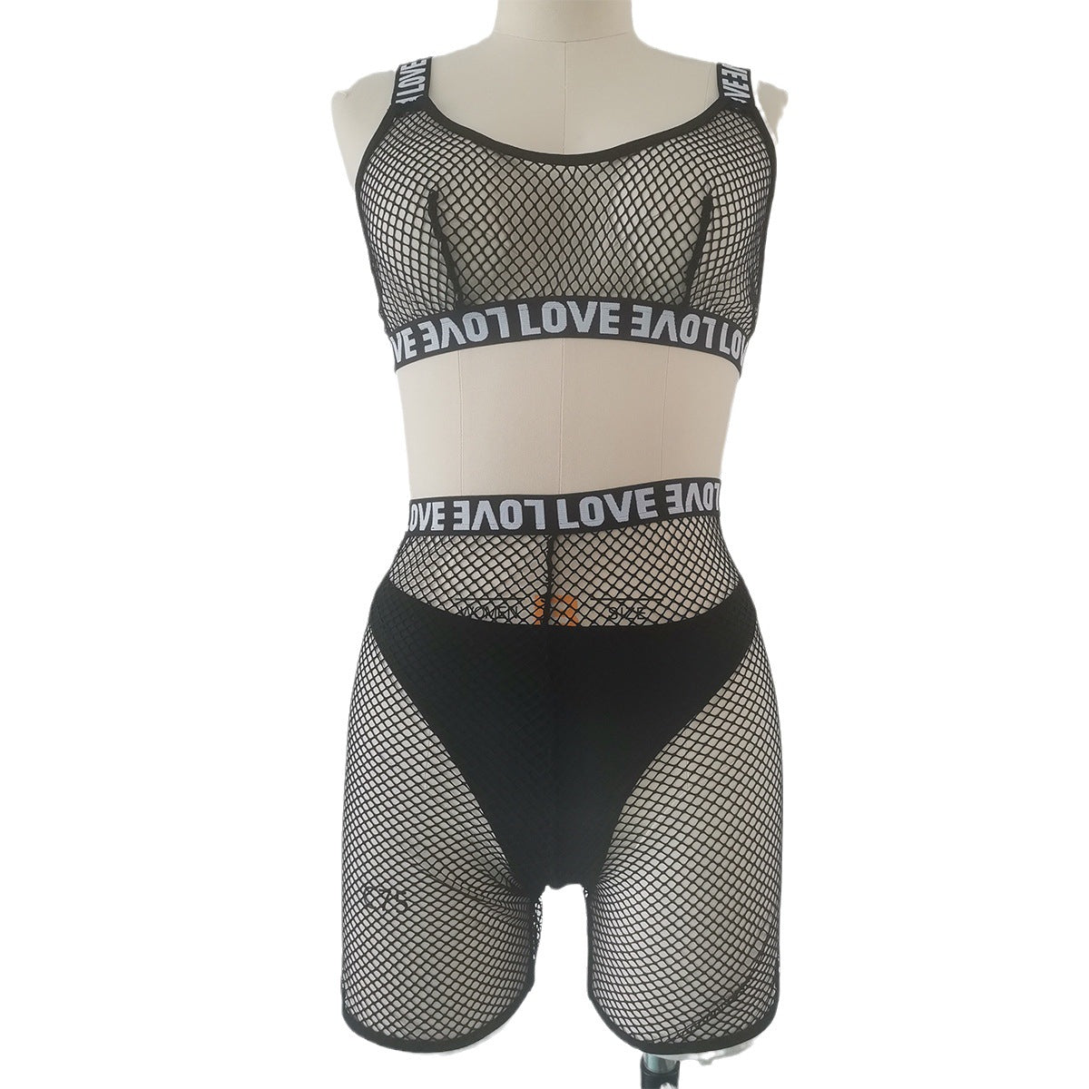 Mesh Grid Lingerie - Hollow Cutout Bodysuit with Letter Print