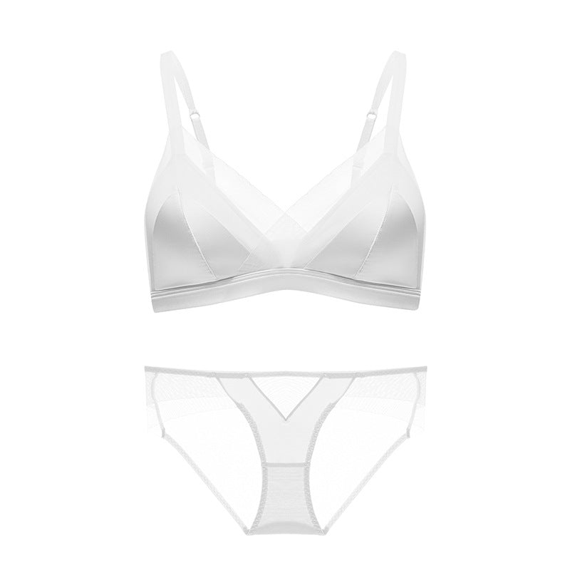 Satin French Triangle Cup Lace Edge Girl Underwear Women's Big Chest Small Bra Set Bra Sexy Pure