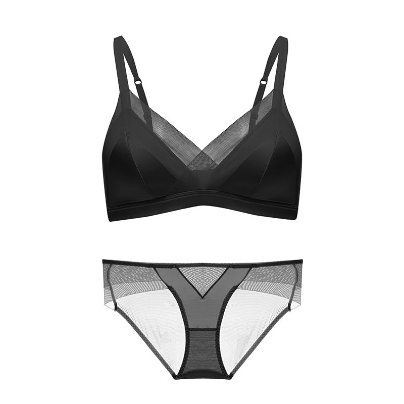 Satin French Triangle Cup Lace Edge Girl Underwear Women's Big Chest Small Bra Set Bra Sexy Pure