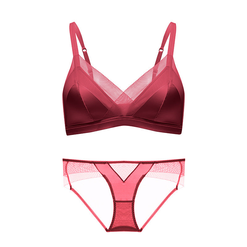 Satin French Triangle Cup Lace Edge Girl Underwear Women's Big Chest Small Bra Set Bra Sexy Pure