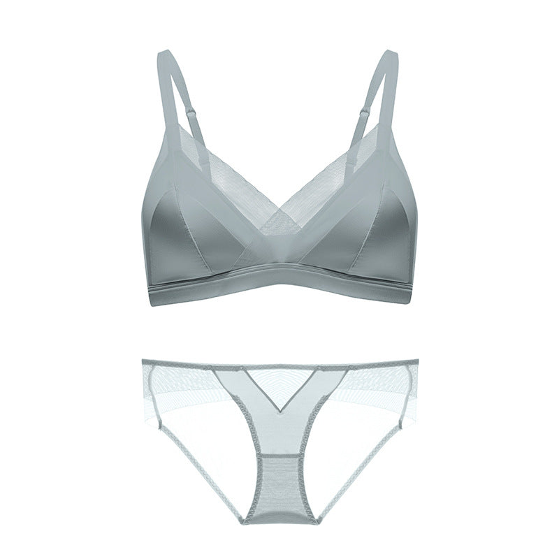 Satin French Triangle Cup Lace Edge Girl Underwear Women's Big Chest Small Bra Set Bra Sexy Pure