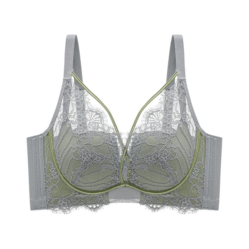 Contrast Color Lace Underwear Women's Big Chest Small Gather-up Anti-sagging Adjustable Bra Comfortable And Breathable