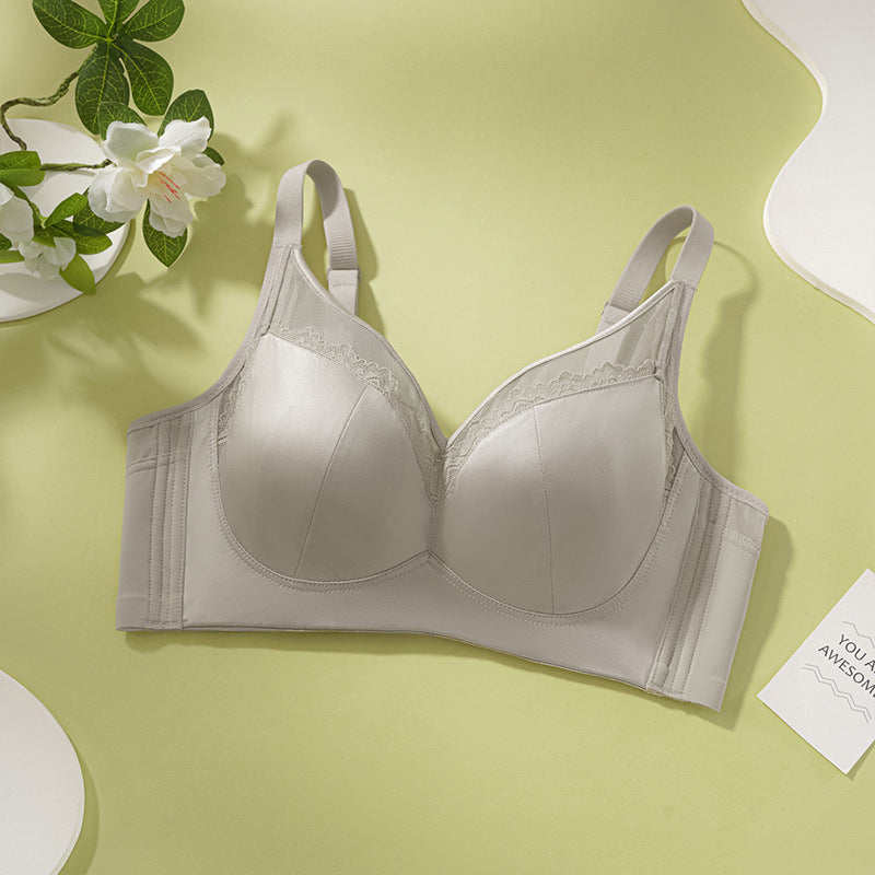 Light Luxury Satin Sling Underwear Women's Thin Big Chest Rabbit Ear Cup Lace Soft Steel Ring Anti-sagging Bra 6619