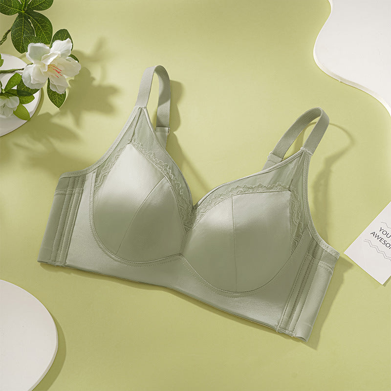 Light Luxury Satin Sling Underwear Women's Thin Big Chest Rabbit Ear Cup Lace Soft Steel Ring Anti-sagging Bra 6619