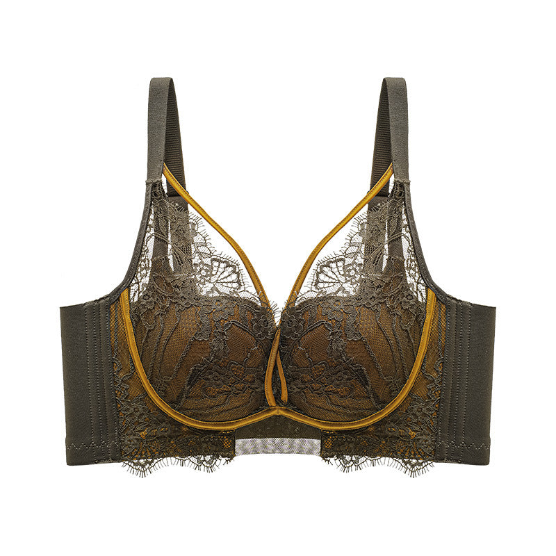 Contrast Color Lace Underwear Women's Big Chest Small Gather-up Anti-sagging Adjustable Bra Comfortable And Breathable
