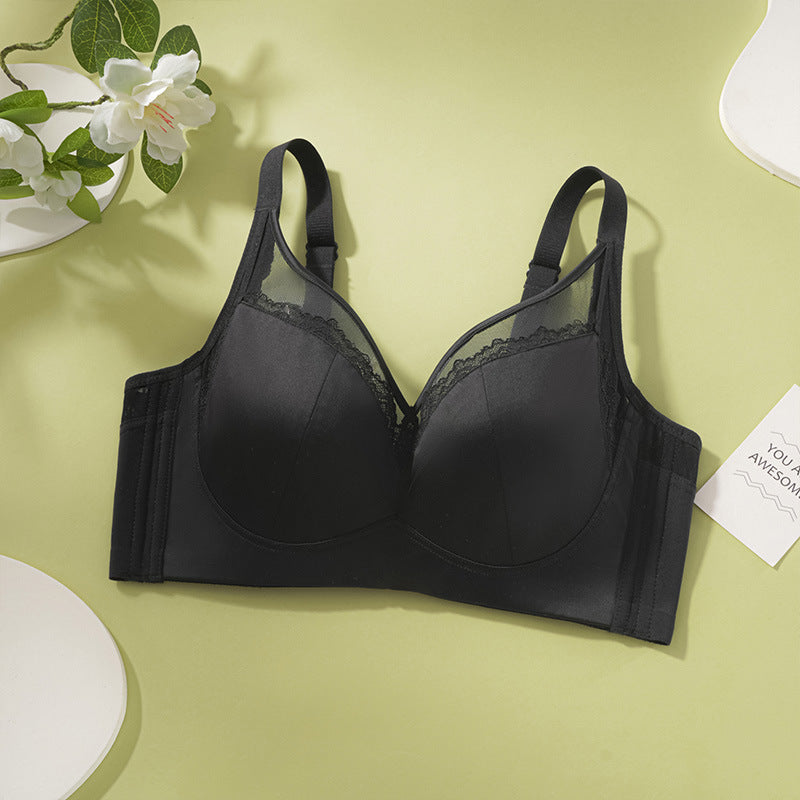Light Luxury Satin Sling Underwear Women's Thin Big Chest Rabbit Ear Cup Lace Soft Steel Ring Anti-sagging Bra 6619