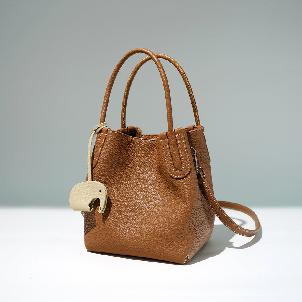 Textured Cowhide Vegetable Basket Bag - Simple Versatile Commuter Bucket Bag