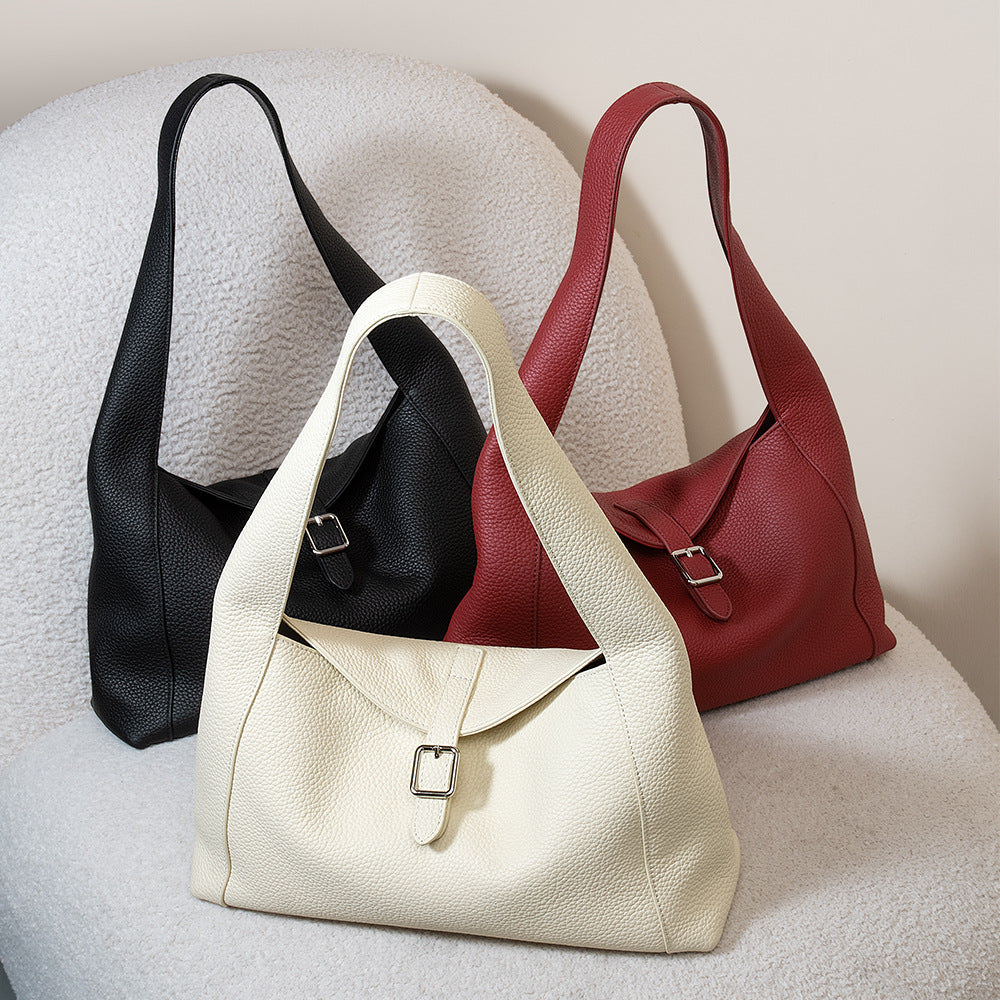 Litchi Pattern Leather Tote Bag - Large Capacity Cowhide Shoulder Handbag