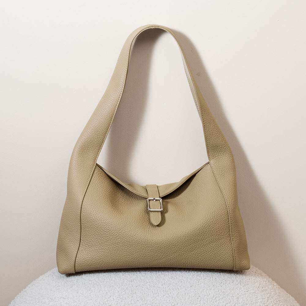 Litchi Pattern Leather Tote Bag - Large Capacity Cowhide Shoulder Handbag