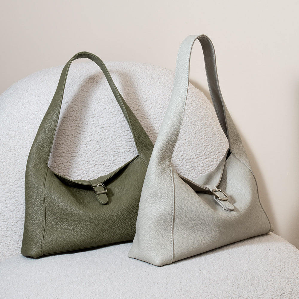 Litchi Pattern Leather Tote Bag - Large Capacity Cowhide Shoulder Handbag